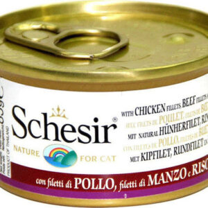 Schesir Nature for Cat Υγρή Τροφή για Ενήλικες Γάτες σε Κονσέρβα με Κοτόπουλο, Μοσχάρι και Ρύζι χωρίς Σιτηρά & Γλουτένη 85gr 55061103